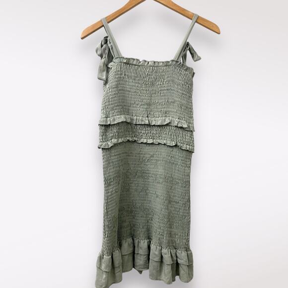 Mable L Pastel Green Mini Dress Badale Smocked Ruffles Satin Coquette Feminine - Picture 3 of 10